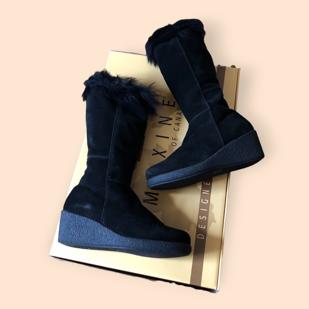 Vintage 90s Y2K Maxine of Canada Rimini Black Suede Leather Fur Wedge Boots W 5
